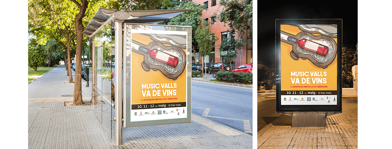 Diseño de carteles publicitarios para feria de vinos y música